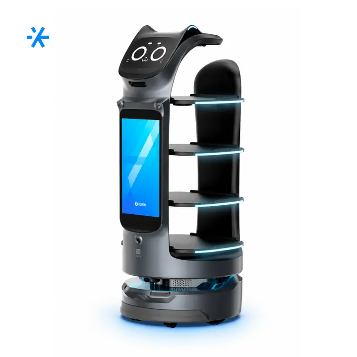 Робот-официант BellaBot Pro с четырьмя подносами на белом фоне